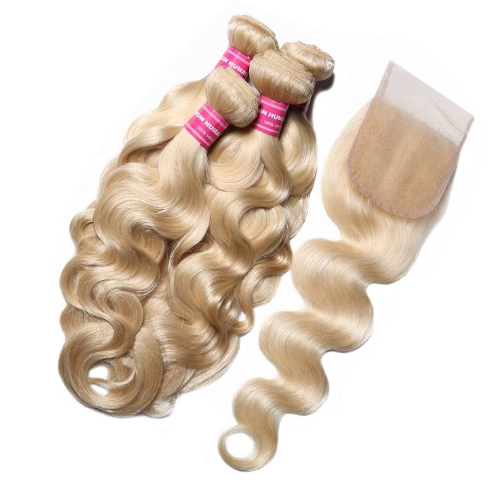 Kriyya Brazilian Body Wave 613 Blonde Hair 4 Bundle Deals With 4x4 Lace Closure