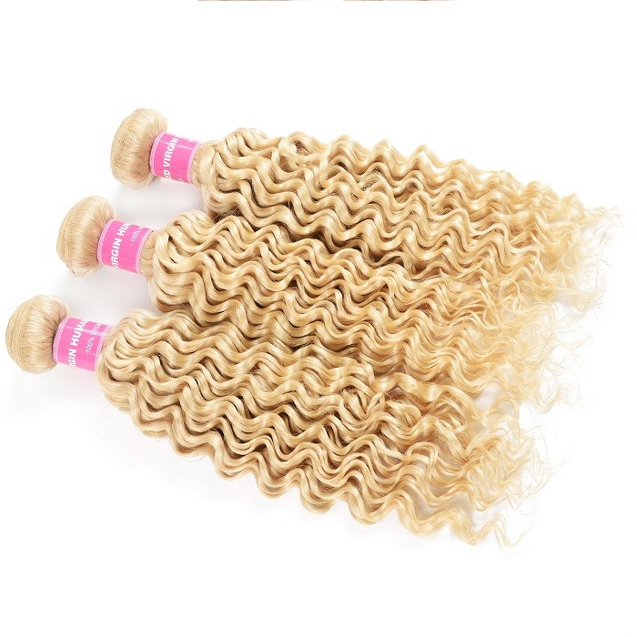 Kriyya Deep Wave 613 Blonde Human Hair 3 Bundles With 4x4 Lace Closure Brazilian Hair