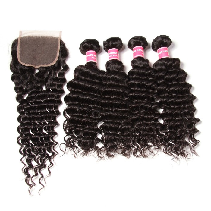 Kriyya 4 Bundles Peruvian Deep Wave Hair With 4X4 Closure 