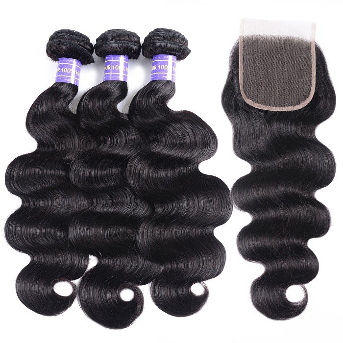 Kriyya Body Wave 100% Virgin Hair Peruvian 3 Bundles With 4*4 Lace Closure