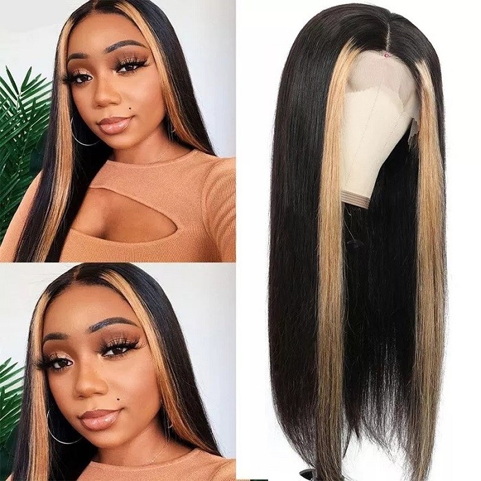 Kriyya Highlight 27# Lace Part Wig Straight Three Part Human Hair Lace Wig with Blonde Streak 150% Density