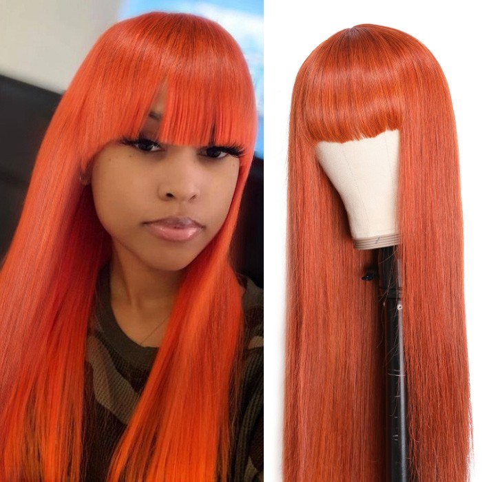 Kriyya Ginger Colored Glueless Human Hair Straight Wigs With Bangs Capless Wig Cinnamon Hair Color