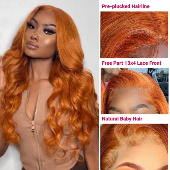 Kriyya Ginger Orange Color Human Hair Wigs 13x4 Lace Front Wigs Body Wave Pre Plucked 150% Density