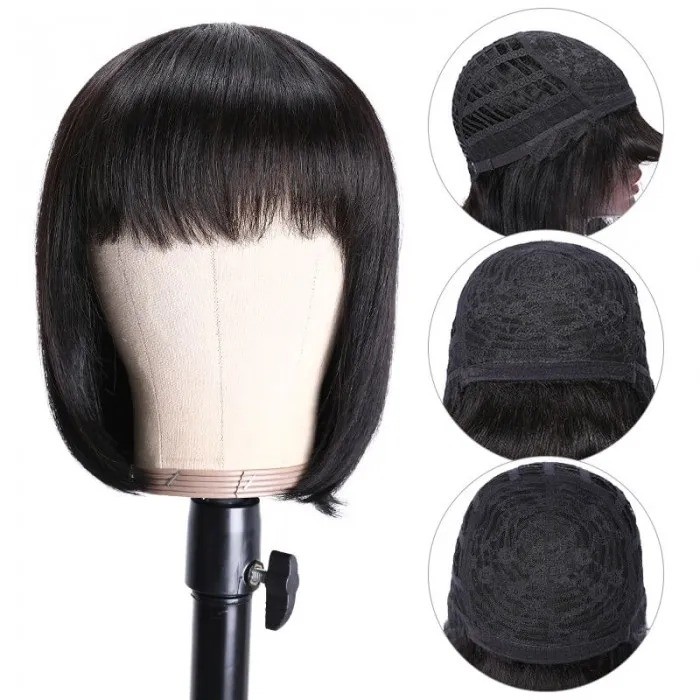 Kriyya Glueless Human Hair Blunt Cut Bob Wig With Bangs Natural Black 150% Density