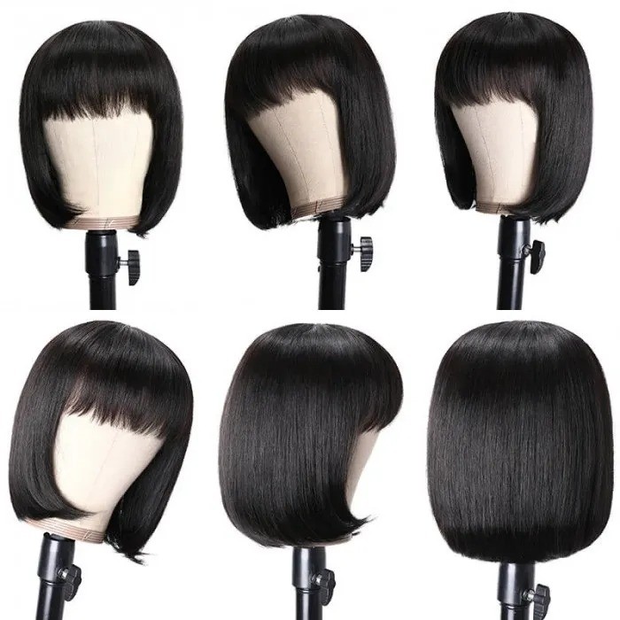 Kriyya Glueless Human Hair Blunt Cut Bob Wig With Bangs Natural Black 150% Density