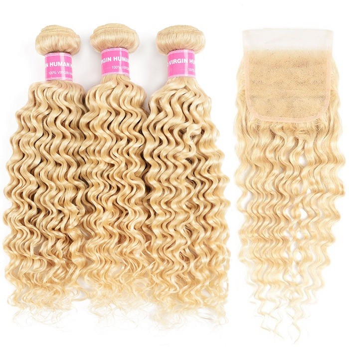 Kriyya 3 Bundles Peruvian Deep Wave Virgin Hair With 4x4 Lace Closure 613 Blonde