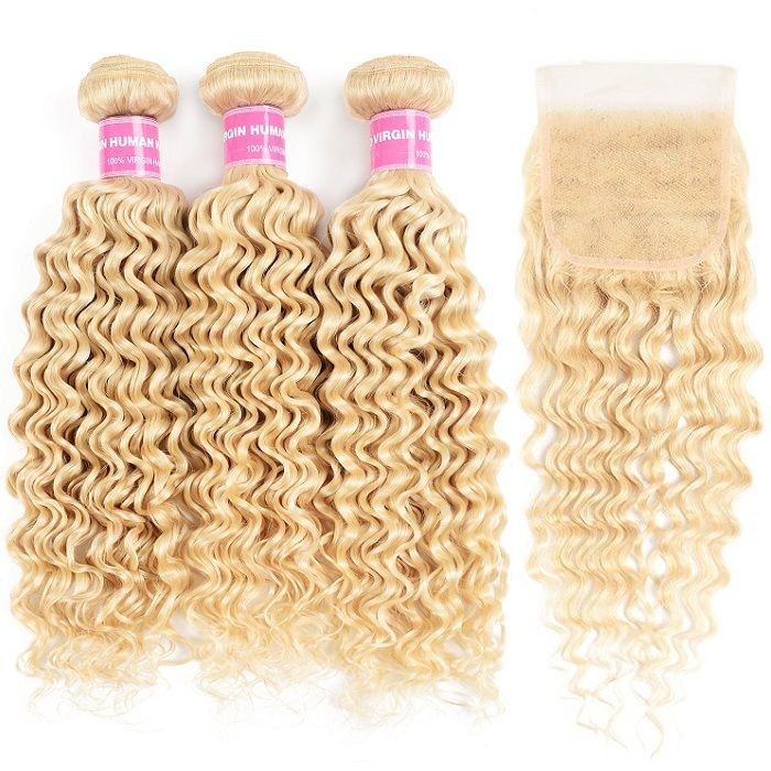 Kriyya Deep Wave 613 Blonde Human Hair 3 Bundles With 4x4 Lace Closure Brazilian Hair