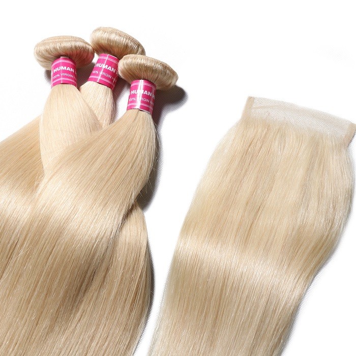 Kriyya 613 Blonde Peruvian Virgin Hair 3 Bundles Straight Weave Hair With 4*4 Lace Closure