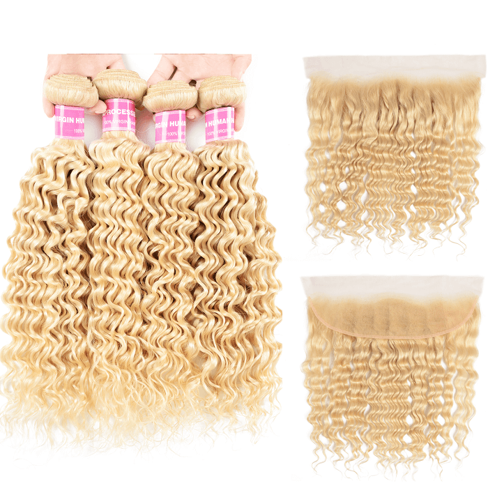 Kriyya 4 Bundles 613 Blonde Brazilian Deep Wave Human Hair Weave With 13x4 Lace Frontal