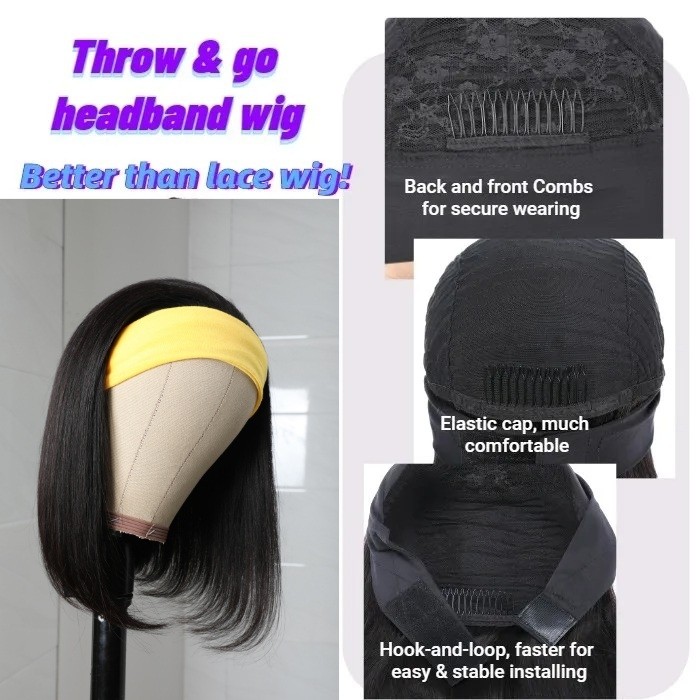 Kriyya Short Straight BOB Headband Wig Glueless Human Hair Wig Natural Black 150% Density
