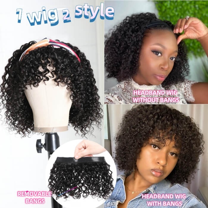 Kriyya Headband Wigs Jerry Curly Bob Wig With Removable Bangs Glueless Human Hair Wigs 150% Density