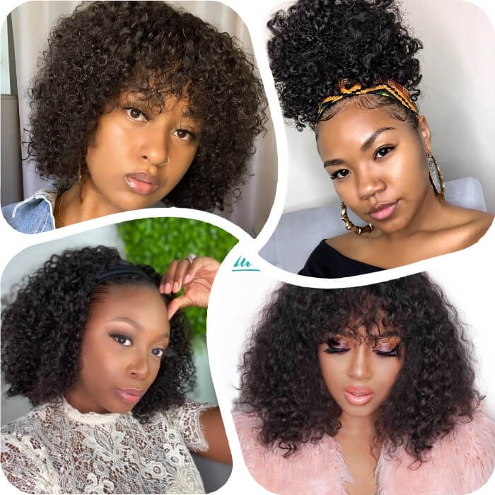 Kriyya Headband Wigs Jerry Curly Bob Wig With Removable Bangs Glueless Human Hair Wigs 150% Density
