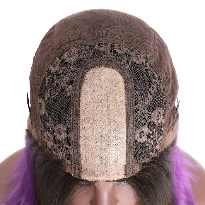 Kriyya Bob Wigs Hidden Purple Highlights Hair Glueless Wigs 150% Density 8-14 Inch