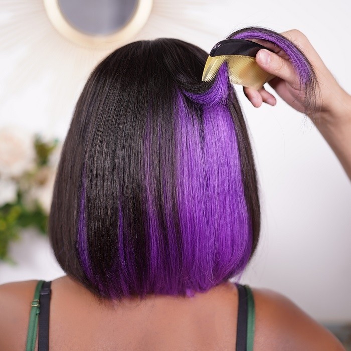 Kriyya Bob Wigs Hidden Purple Highlights Hair Glueless Wigs 150% Density 8-14 Inch