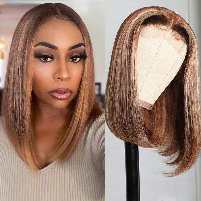 Kriyya Fall Vibes Honey Blonde Highlight Bob Wigs Human Hair TL412# Color Middle Part Lace Part Wigs 150% Density