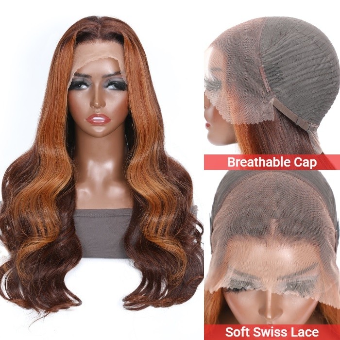 Kriyya Money Piece Face Fram Highlight Bouncy Body Wave 13X4 Lace Front Wig 150% Density