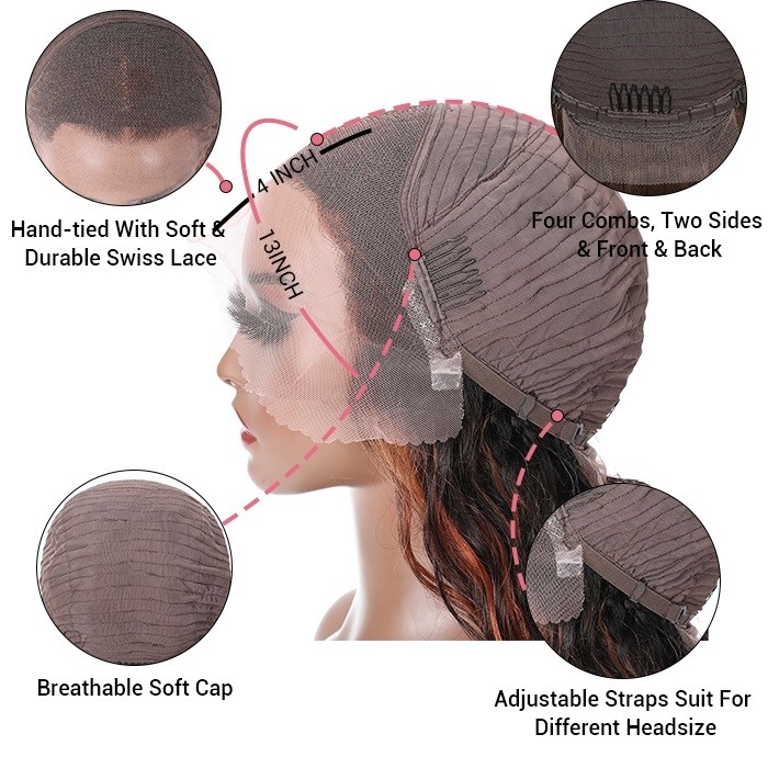 Kriyya Brown Copper Red Highlight 13X4 Lace Front Deep Body Wave Wigs 150% Density For Women