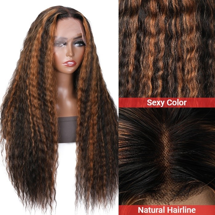 Kriyya Beach Wave Human Hair Wigs Pre-Plucked Brown Highlight 13×4 Lace Front Wigs 150% Density