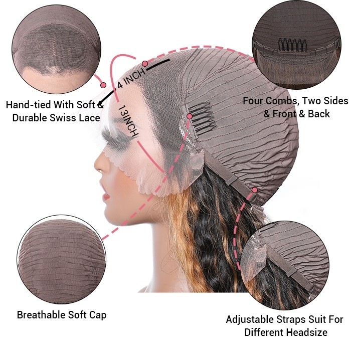 Kriyya Beach Wave Human Hair Wigs Pre-Plucked Brown Highlight 13×4 Lace Front Wigs 150% Density