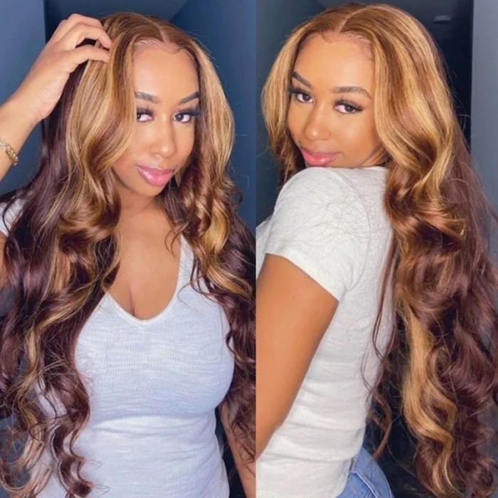 Kriyya Honey Blonde Highlight Ombre Body Wave Human Hair Wig Piano Colored  13x5 T Part Lace Front Wigs 