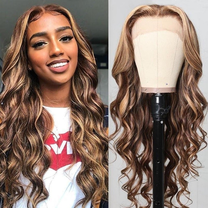 50% OFF Sale- Honey Blonde Highlight Ombre Body Wave Human Hair Wig 