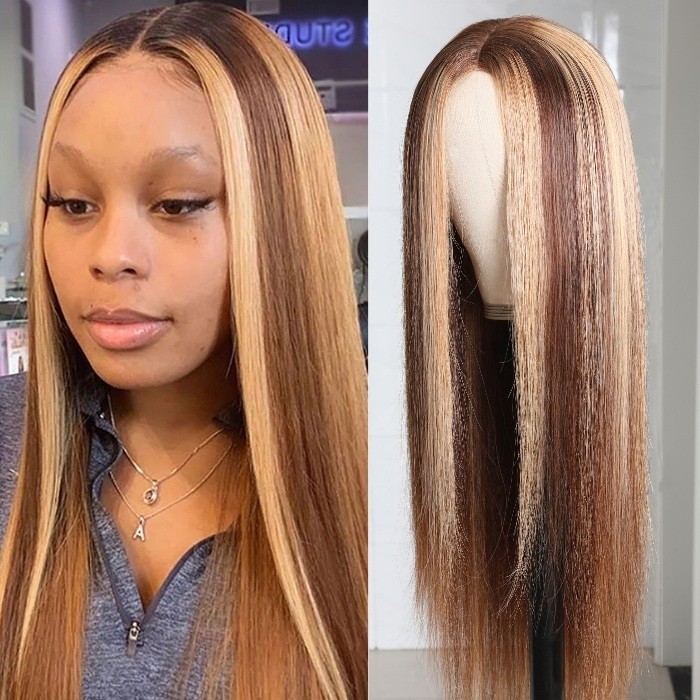 Kriyya Straight Wigs Blonde Highlight 4.5*1.5 Middle Part PU Skin Base Wig 150% Density