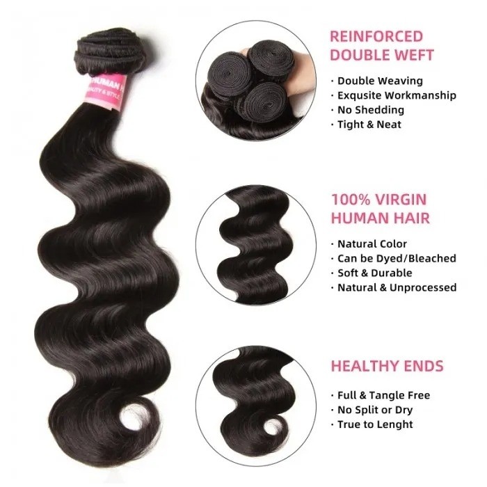 Kriyya Body Wave 4 Bundles With 4x4 Fake Scalp Closure PU Skin Closure Virgin Hair Natural Black