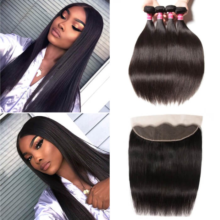 Kriyya Indian Straight Weave 4 Bundles Deals With 13x4 Lace Frontal Closure