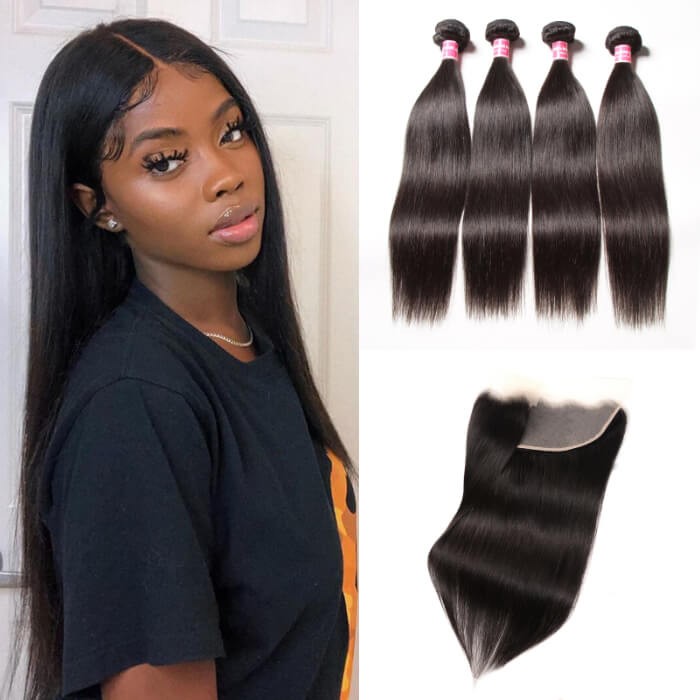 Kriyya Peruvian Straight Sew In Weave 4 Bundles With 13x4 Transparant Lace Frontal 