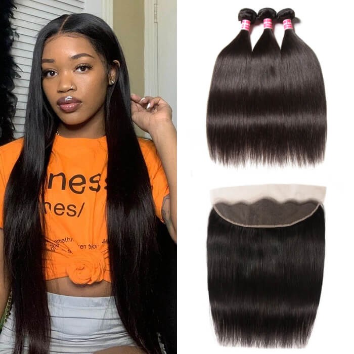 Kriyya Peruvian Straight Virgin Remy Hair 3 Bundles With 13*4 Lace Frontal