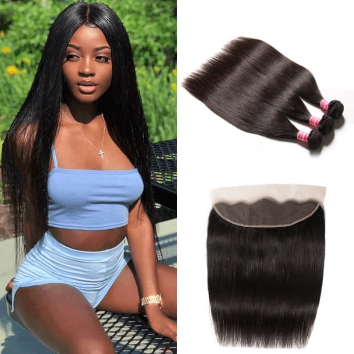 Kriyya 3 Pcs Indian Straight Virgin 100 Human Hair With 13*4 Lace Frontal
