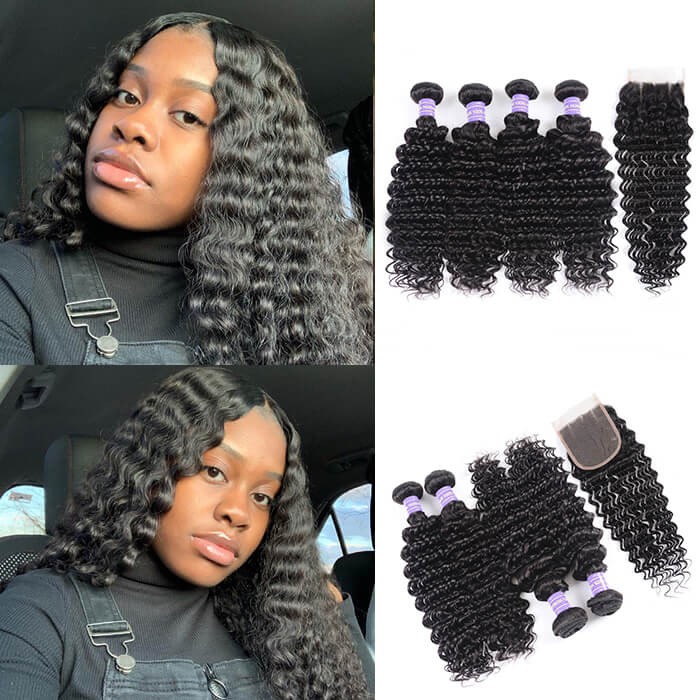 Kriyya Indian Deep Wave Closure With 4 Bundle Deals Virgin Human Hair