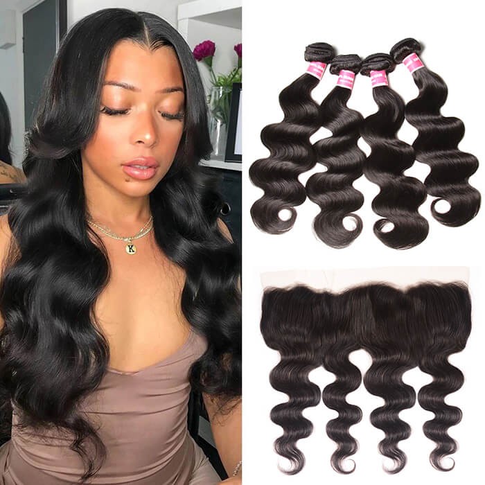 Kriyya Peruvian Body Wave Hair Weave 4 Bundles Sew In With 13x4 Lace Frontal