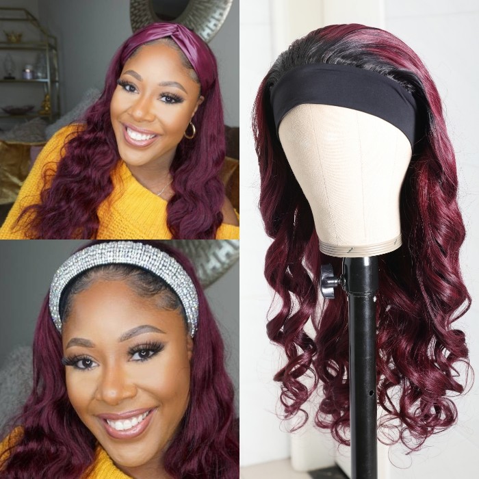 Kriyya Human Hair Headband Wig Ombre Burgundy 1B/99J Body Wave Wig 150% Density 14-26 Inch