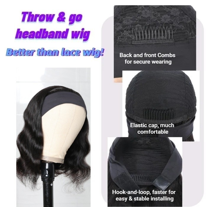 Kriyya Remy Body Wave Headband Bob Wig 150% Density Natural Color