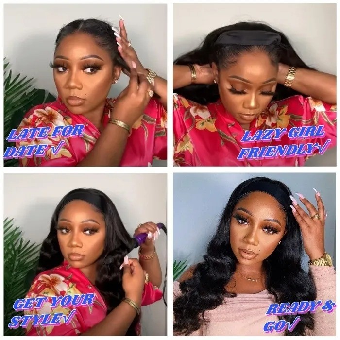 Kriyya Human Hair Headband Wig Ombre Burgundy 1B/99J Body Wave Wig 150% Density 14-26 Inch