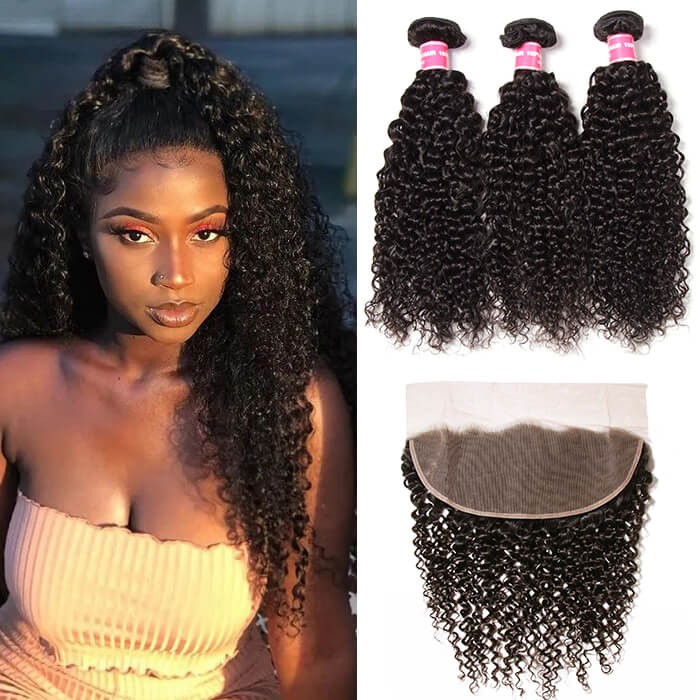 Kriyya Brazilian Virgin Hair 3 Pcs Jerry Curly With 13*4 Lace Frontal
