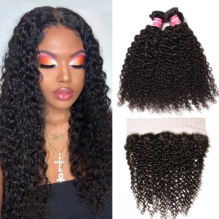 Kriyya 3 Bundles Jerry Curly Human Hair Weave With 13*4 Lace Frontal Indian Hair
