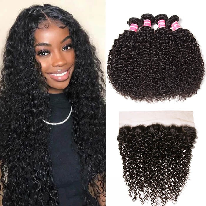 Kriyya Malaysian Curly Hair Weave 4 Bundles With 13x4 Lace Frontal