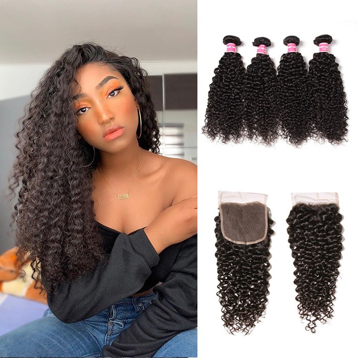 Kriyya Malaysian Hair Weave Curly Hair 4 Bundles With 4X4 Lace Closure Natural Color