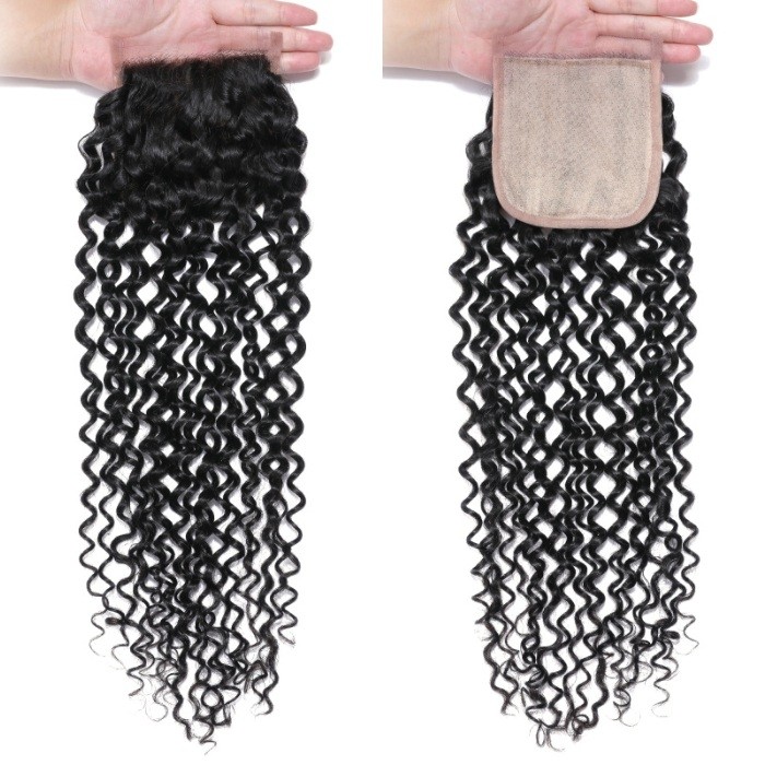 Kriyya Jerry Curly Hair 3 Bundles With 4x4 PU Skin Base Closure Fake Scalp Human Hair Natural Color