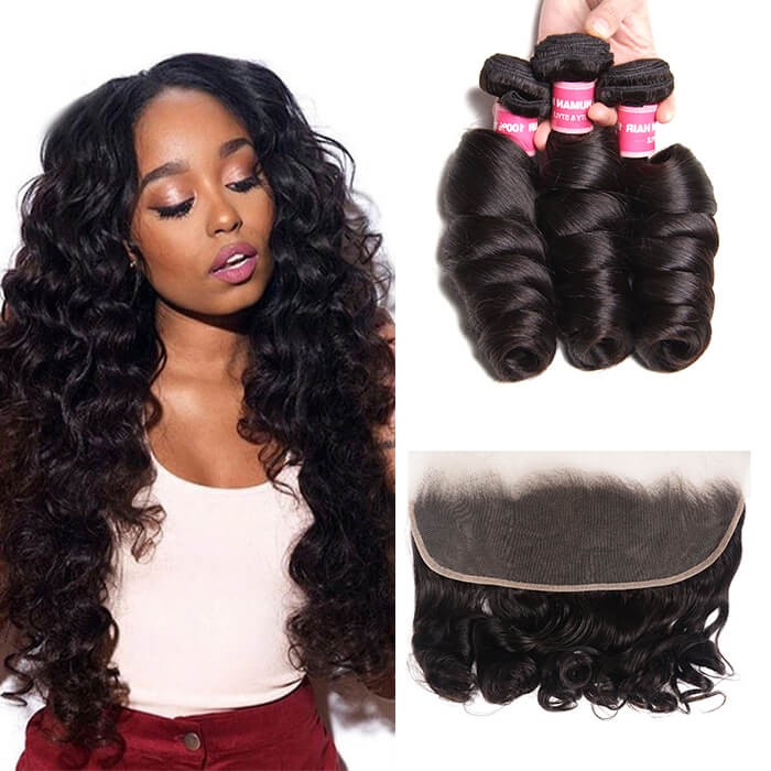 Kriyya 3 Bundles Loose Wave Unprocessed Human Hair With 13*4 Inch Lace Frontal