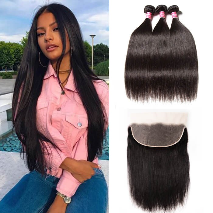 Kriyya Indian Unprocessed Virgin Hair 3 Bundles With Lace Frontal 13*6 Inch Straight Hair