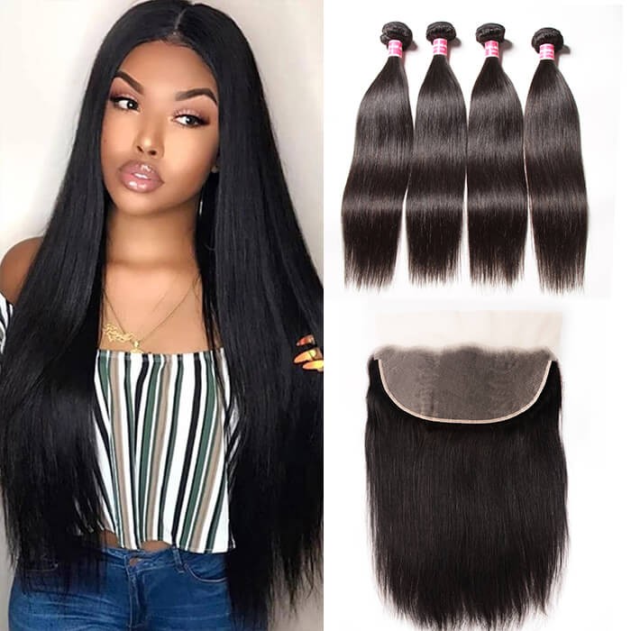 Kriyya 13x6 Straight Lace Frontal With 4 Bundles Indian Remy Hair Weave