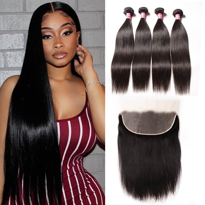 Kriyya Pre Plucked 13x6 Lace Frontal Closure With 4 Bundles Malaysian Straight Hair Weave