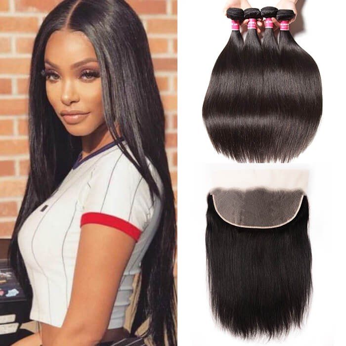 Kriyya Pre Plucked 13x6 Lace Frontal With 4 Bundles Peruvian Straight Human Hair