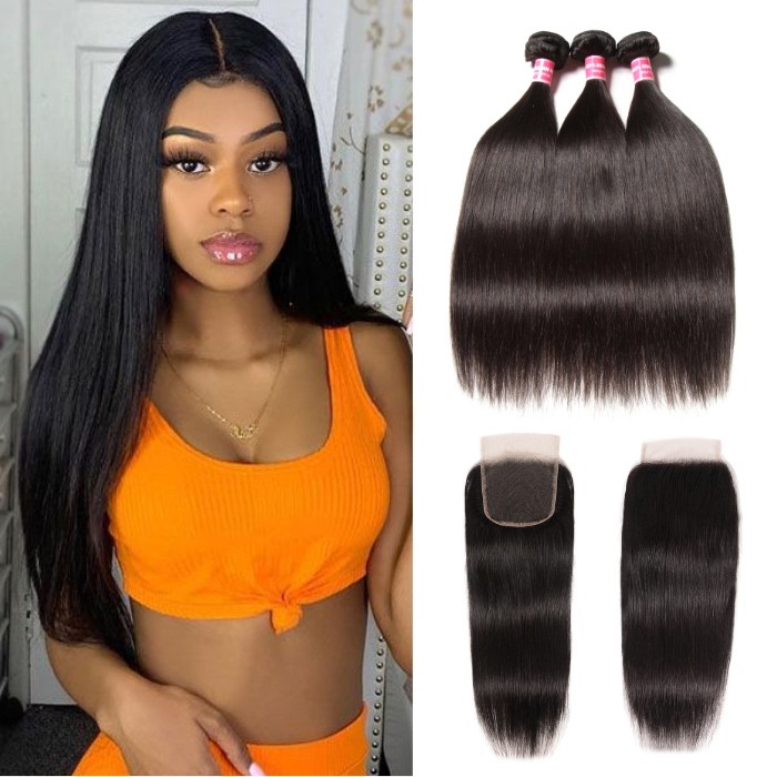 Kriyya Best Straight Malaysian Hair 3 Bundles And Free part Lace Closure 4X4 Inch