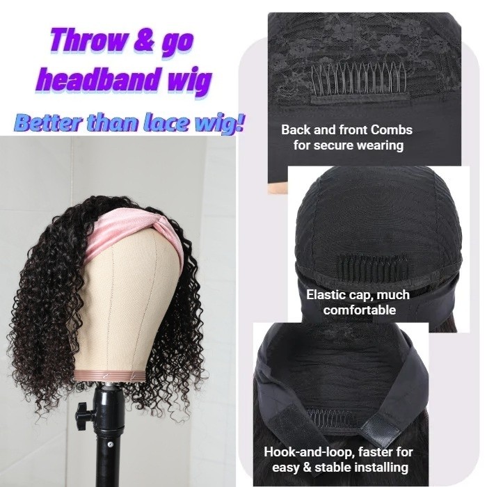 Kriyya Headband Wigs Jerry Curly Bob Wigs Glueless Human Hair Wigs 150% Density