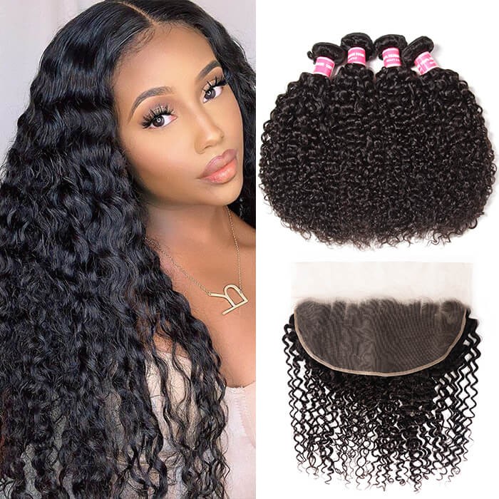Kriyya Indian Jerry Curly Human Hair 13x6 Lace Frontal With 4 Bundles Deals  