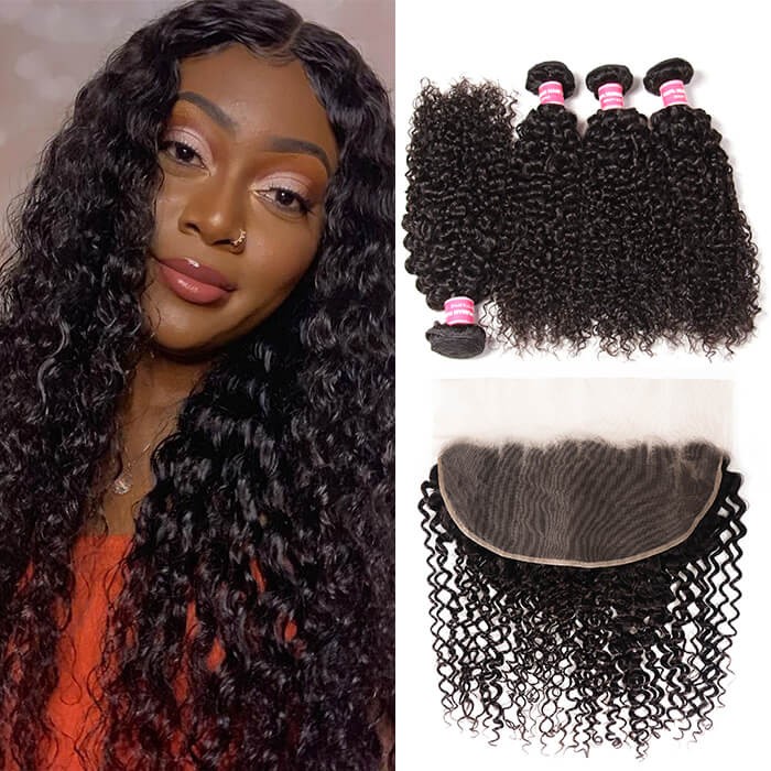 Kriyya Pre Plucked peruvian Curly 13x6 Lace Frontal With 4 Bundles Deals